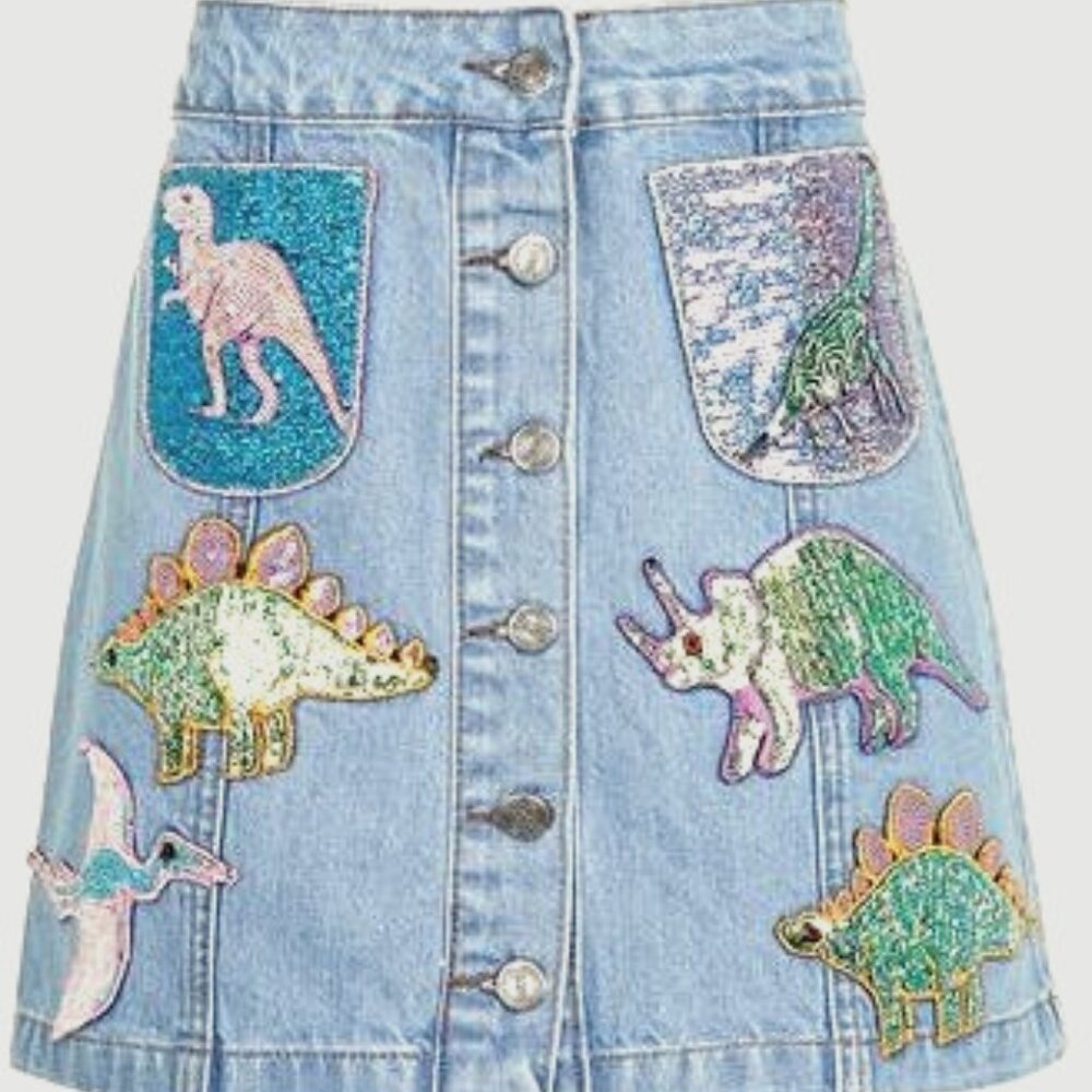 Kuccia denim mini skirt - SEQUINED DINOSAURS!! - sz 6